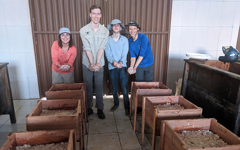 a group of young people standing together and presenting handfuls of cocoa beans