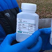 gloved hands holding water samples