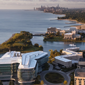 Aerial photo of Evanston campus on lake.
