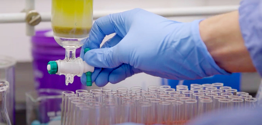 gloved hand with test tubes